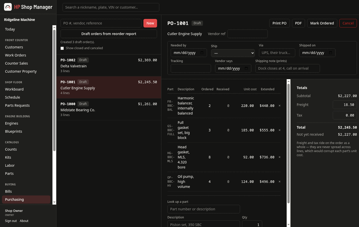 A draft purchase order to a supplier with four lines — harmonic balancer, gasket set, head gaskets and an oil pump — with quantities, unit costs, extended totals, freight and a shipping block.